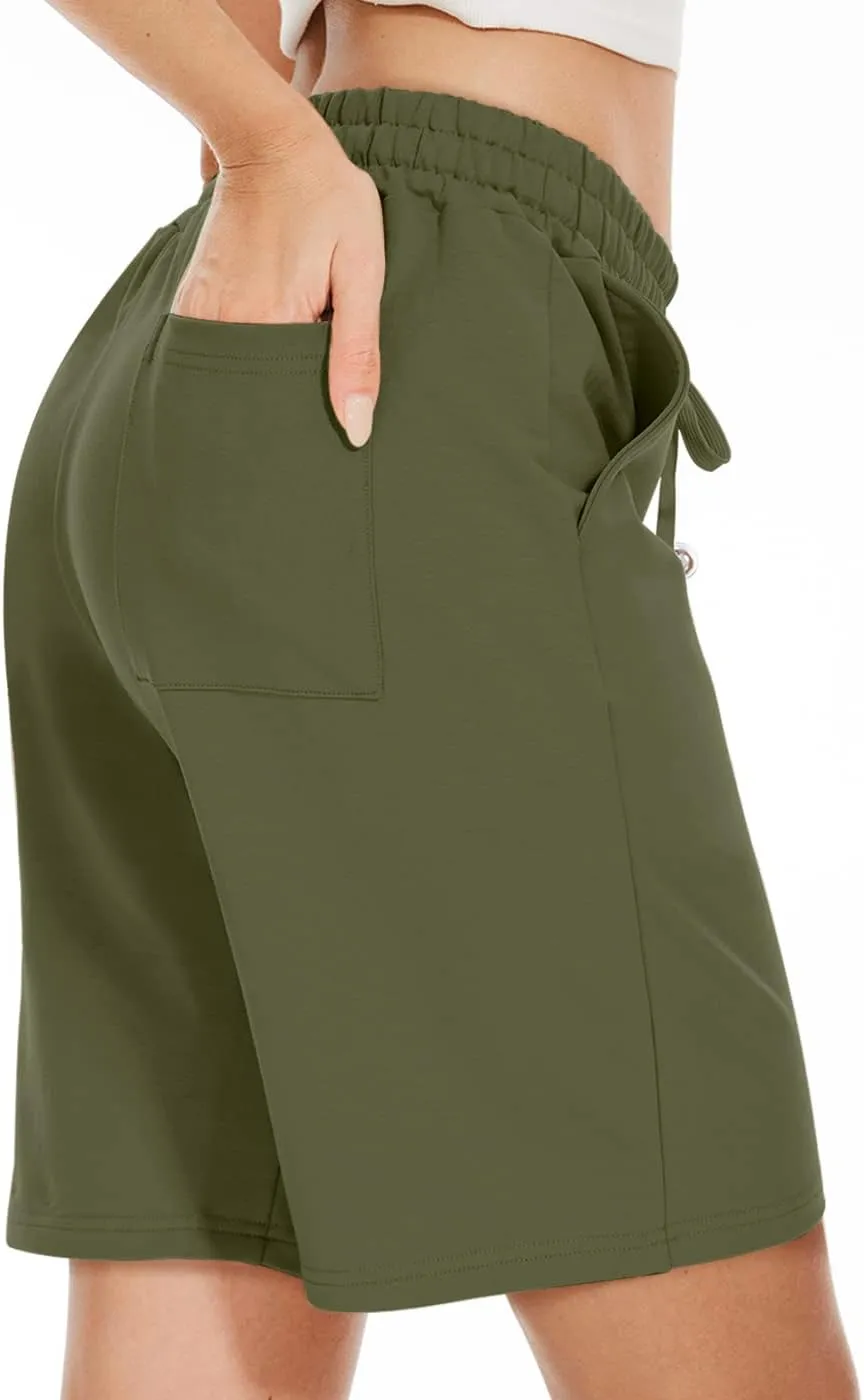 TARSE Women's Bermuda Shorts Long Cotton Loose with Pockets Knee Length for Yoga Casual Walking Exercise Shorts