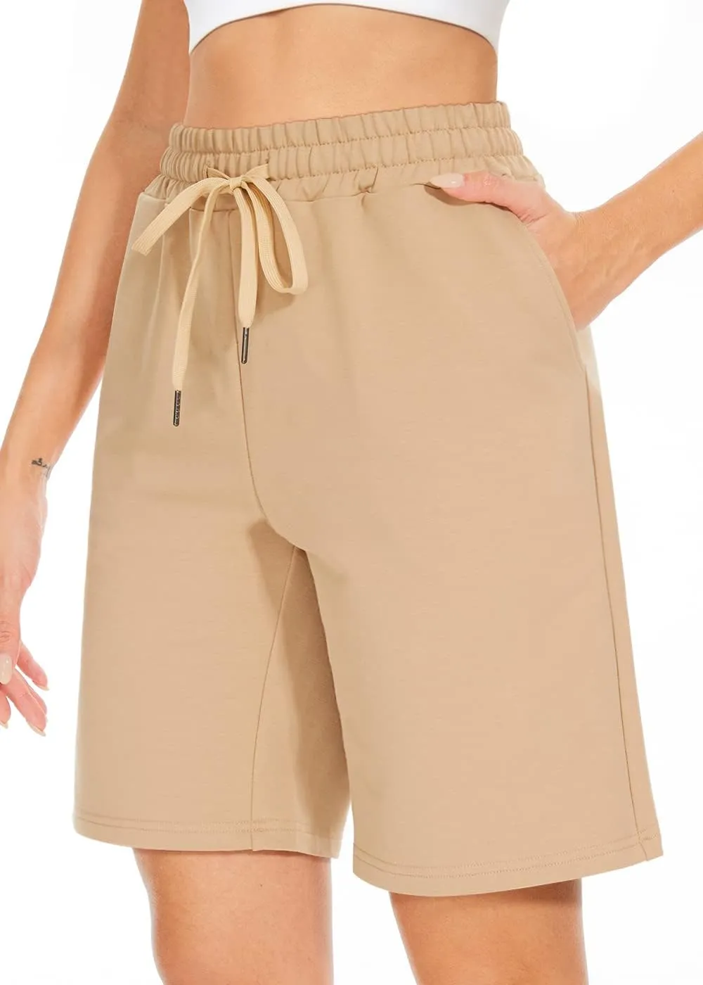 TARSE Women's Bermuda Shorts Long Cotton Loose with Pockets Knee Length for Yoga Casual Walking Exercise Shorts