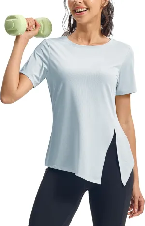 TBMPOY Women's Short Sleeve Workout Tops T-Shirts Breathable Quick Dry UPF 30  Athletic Exercise Tee Shirts with Side Slits