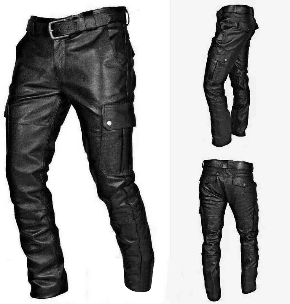 Thatrich Faux Leather Pants Men Bomber Winter Pants Steampunk Trousers Slim Fit Motorcycle Jeans Fashion Outfits with Pockets