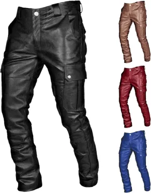 Thatrich Faux Leather Pants Men Bomber Winter Pants Steampunk Trousers Slim Fit Motorcycle Jeans Fashion Outfits with Pockets