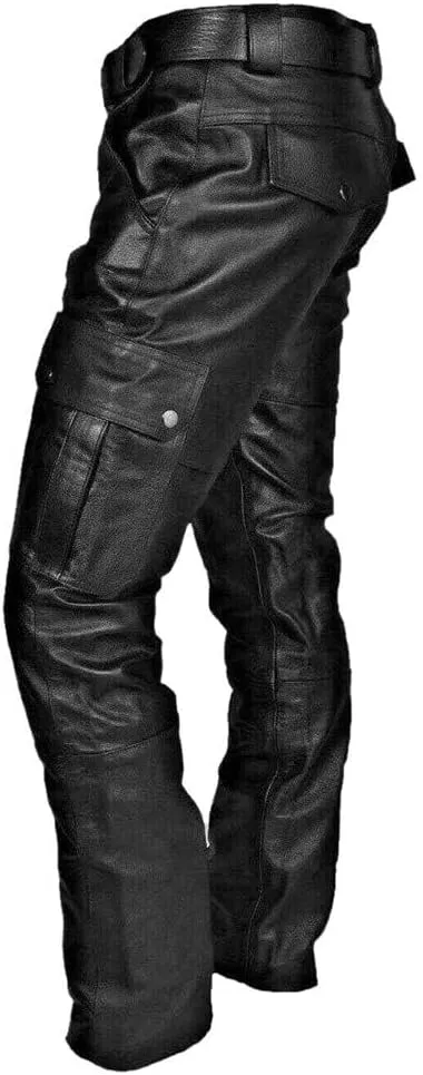 Thatrich Faux Leather Pants Men Bomber Winter Pants Steampunk Trousers Slim Fit Motorcycle Jeans Fashion Outfits with Pockets