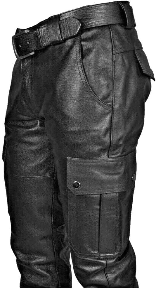 Thatrich Faux Leather Pants Men Bomber Winter Pants Steampunk Trousers Slim Fit Motorcycle Jeans Fashion Outfits with Pockets