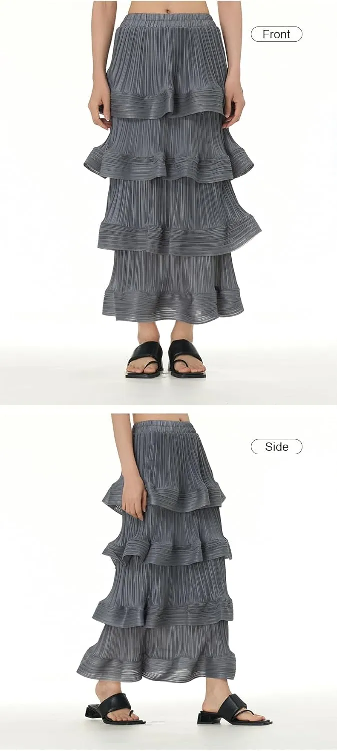 THLAI Womens Skirt Midi Elastic Waist Tiered Long Skirt Falbala Spring Summer Fall Skirt