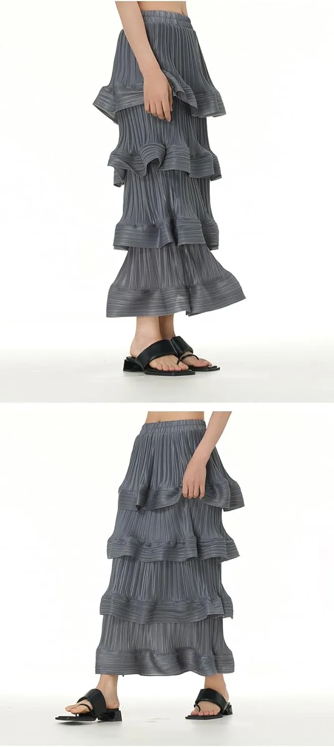 THLAI Womens Skirt Midi Elastic Waist Tiered Long Skirt Falbala Spring Summer Fall Skirt