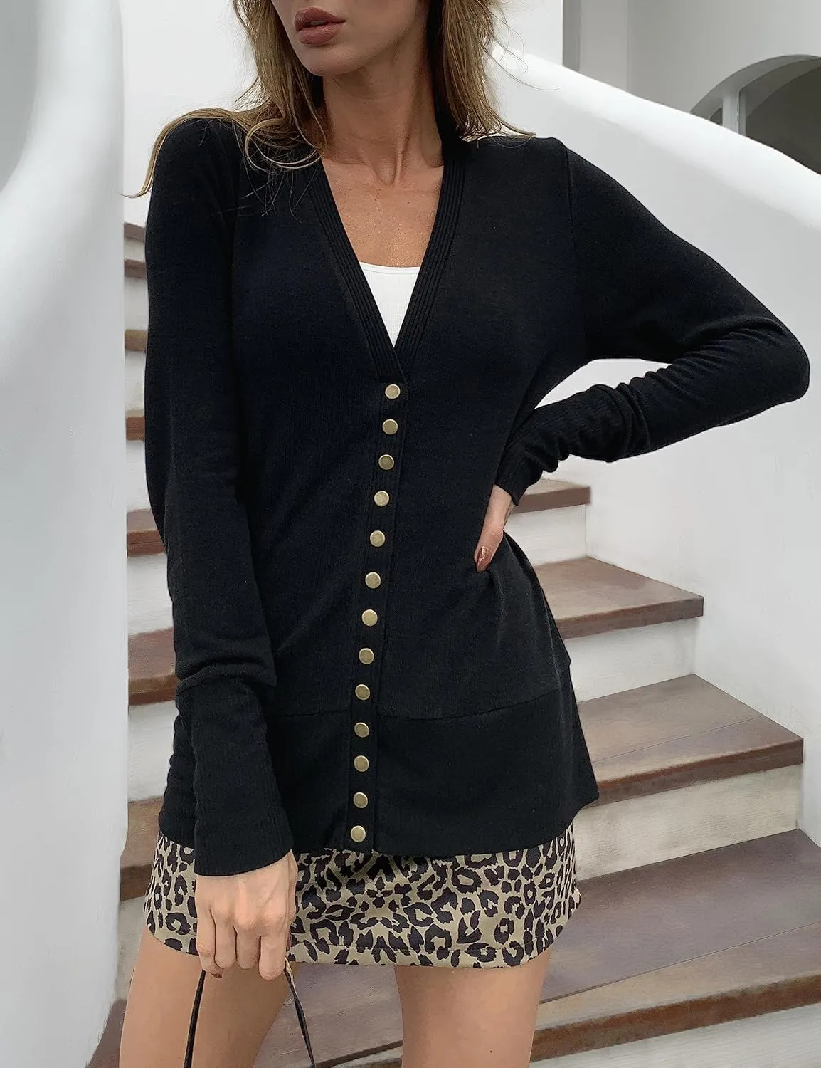 Traleubie Women's Long Sleeve V-Neck Button Down Knit Open Front Cardigan Sweater