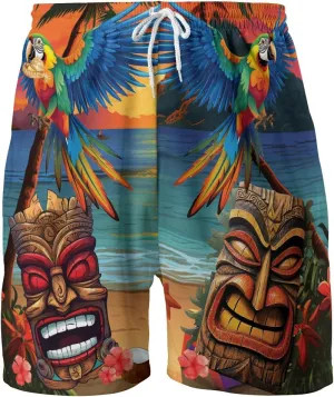 Tropical Tiki Mens Hawaiian Sport Shorts - Tiki Hawaiian Shorts for Men - Casual Drawstring Beachwear Shorts Series 15