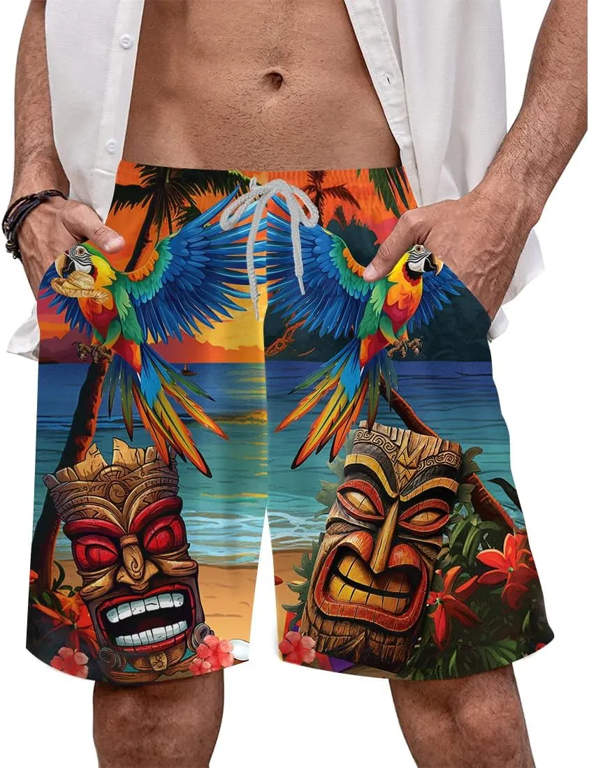 Tropical Tiki Mens Hawaiian Sport Shorts - Tiki Hawaiian Shorts for Men - Casual Drawstring Beachwear Shorts Series 15