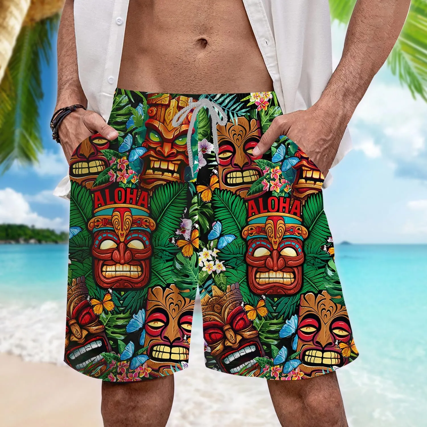 Tropical Tiki Mens Hawaiian Sport Shorts - Tiki Hawaiian Shorts for Men - Casual Drawstring Beachwear Shorts Series 15