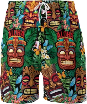 Tropical Tiki Mens Hawaiian Sport Shorts - Tiki Hawaiian Shorts for Men - Casual Drawstring Beachwear Shorts Series 15