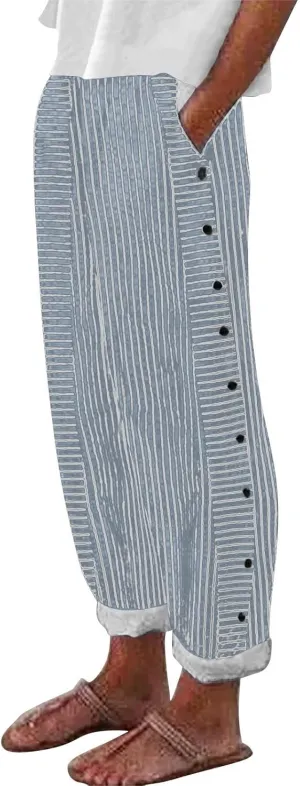 Trousers Pants for Women Vacation s Waist Side Back Four Pockets Buttoned 9/10 Pants Linen Blend Pants