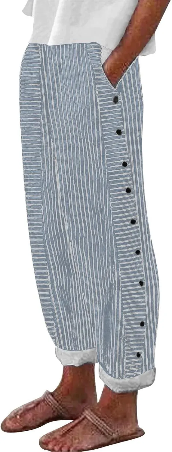 Trousers Pants for Women Vacation s Waist Side Back Four Pockets Buttoned 9/10 Pants Linen Blend Pants