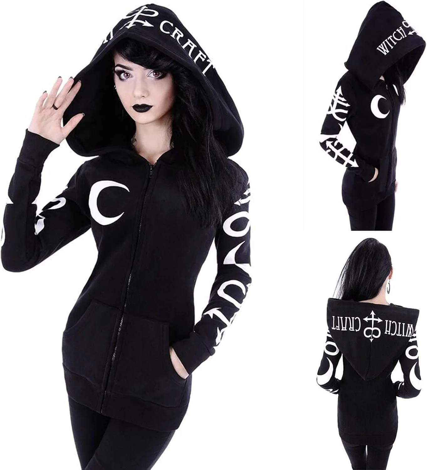 tuduoms Black Punk Gothic Hoodie Women Long Sleeve Zip Up Hoodie Moon Jacket Top Long Sweatshirts Plus Size Y2k Goth Clothing