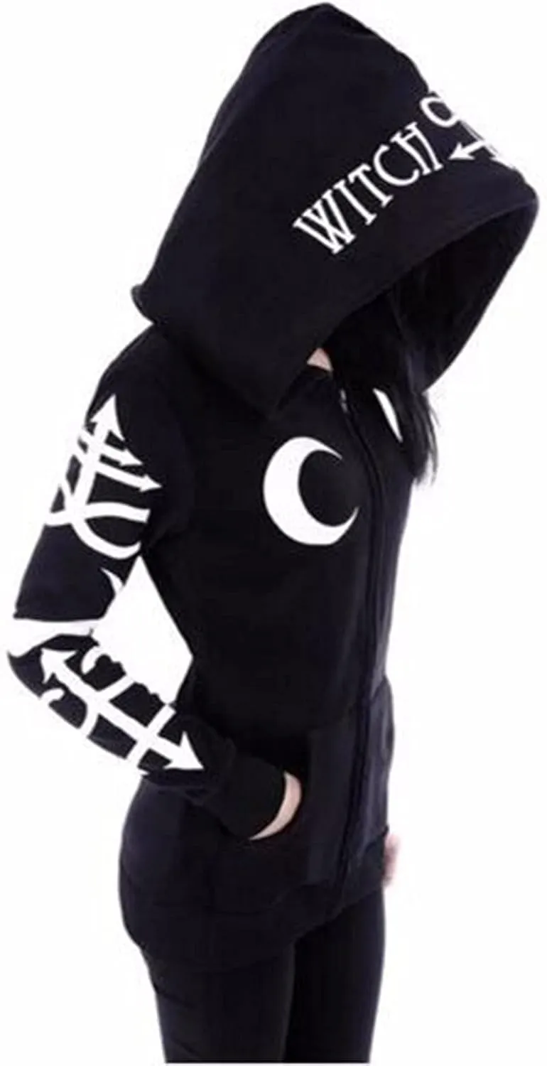 tuduoms Black Punk Gothic Hoodie Women Long Sleeve Zip Up Hoodie Moon Jacket Top Long Sweatshirts Plus Size Y2k Goth Clothing