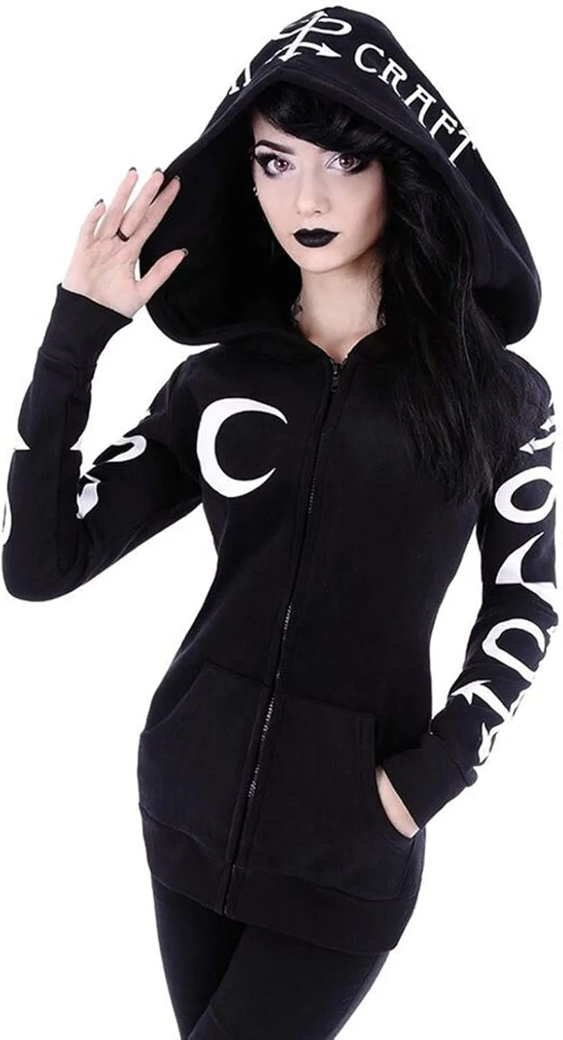 tuduoms Black Punk Gothic Hoodie Women Long Sleeve Zip Up Hoodie Moon Jacket Top Long Sweatshirts Plus Size Y2k Goth Clothing