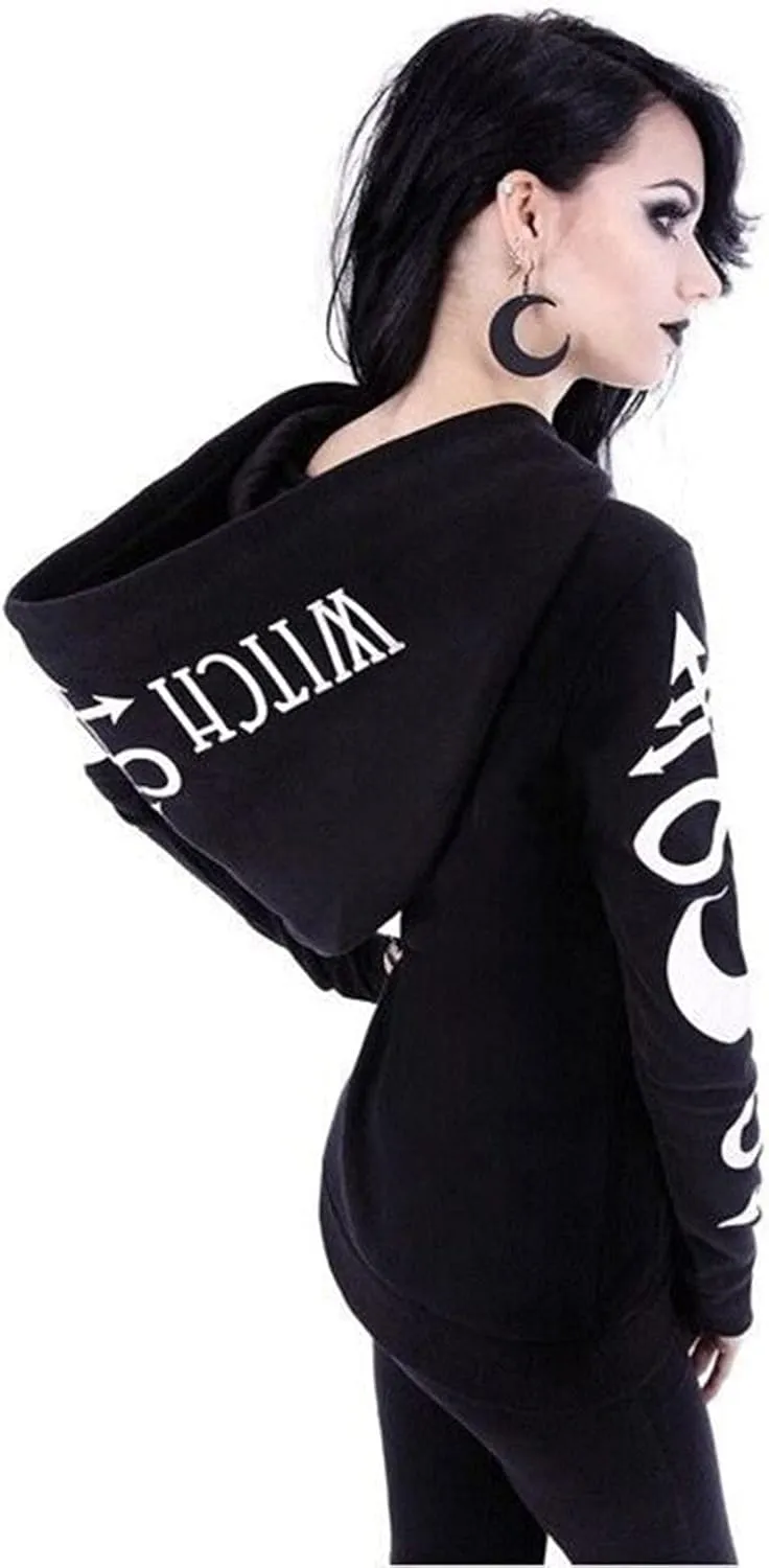 tuduoms Black Punk Gothic Hoodie Women Long Sleeve Zip Up Hoodie Moon Jacket Top Long Sweatshirts Plus Size Y2k Goth Clothing