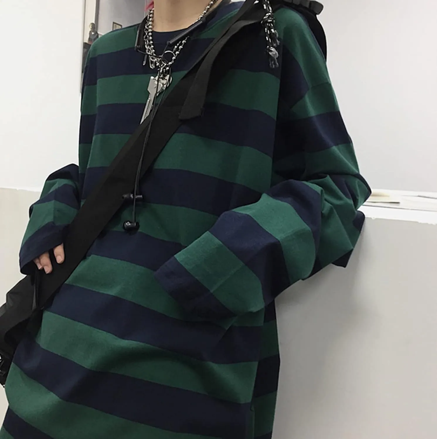 Unisex Oversized Stripe Long Sleeve T Shirts Gothic Harajuku Loose Crew Neck Summer Tee Tops