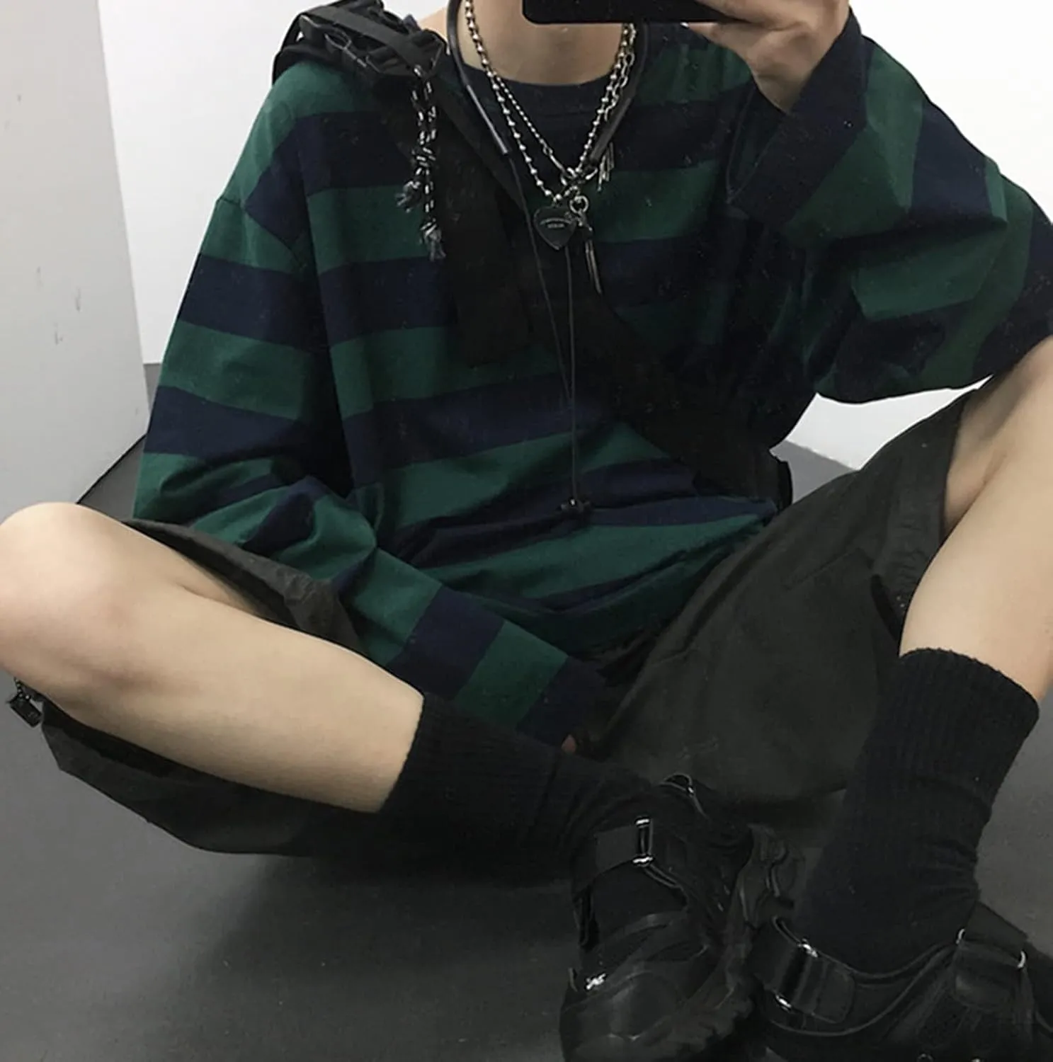 Unisex Oversized Stripe Long Sleeve T Shirts Gothic Harajuku Loose Crew Neck Summer Tee Tops