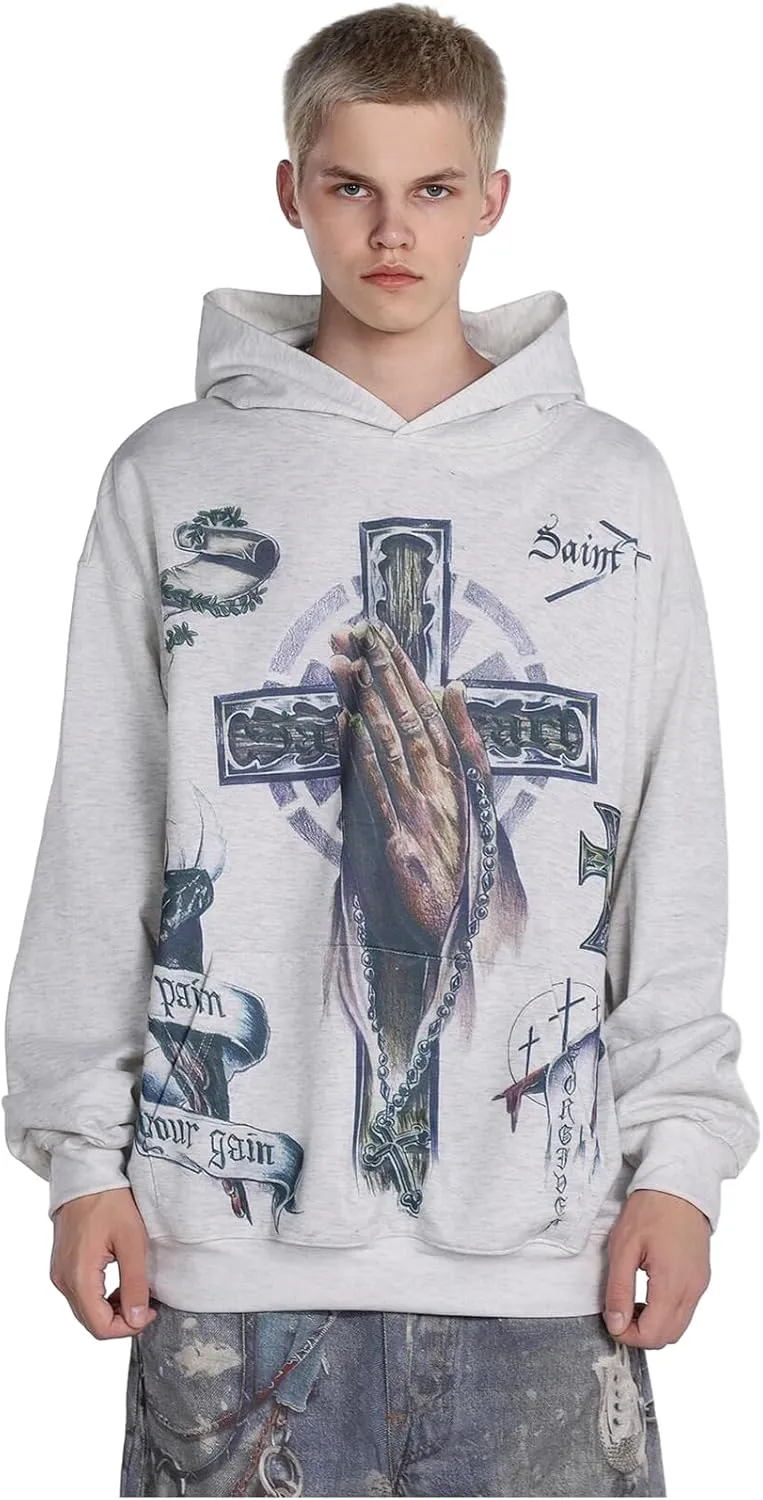 Unisex SAINT Hip Hop Vintage Full Patterm High Printed Loose Hooded Hoodie With Pocket