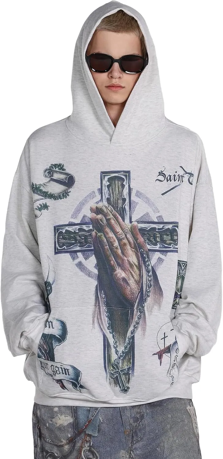 Unisex SAINT Hip Hop Vintage Full Patterm High Printed Loose Hooded Hoodie With Pocket