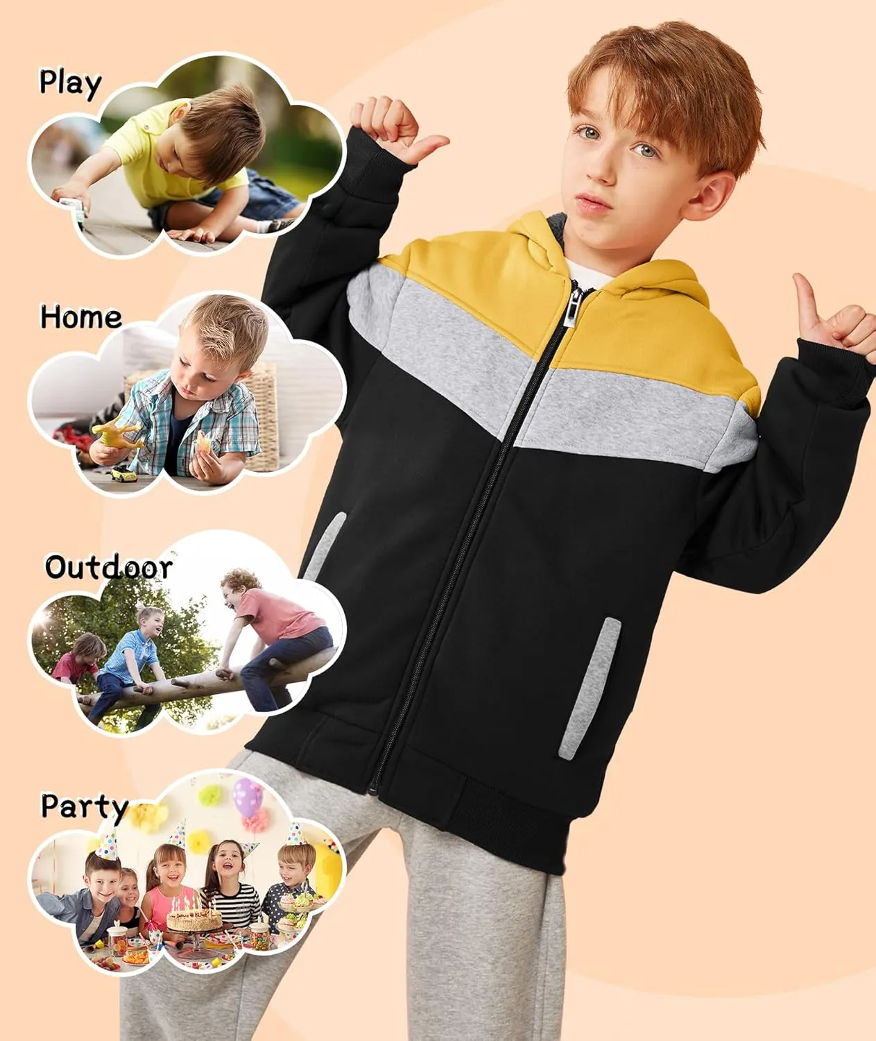 V VALANCH Boys Hoodie Zip Up Fleece Lined Jacket Warm Sherpa Hooded Sweatshirts for Boys Girls 6-15 Years