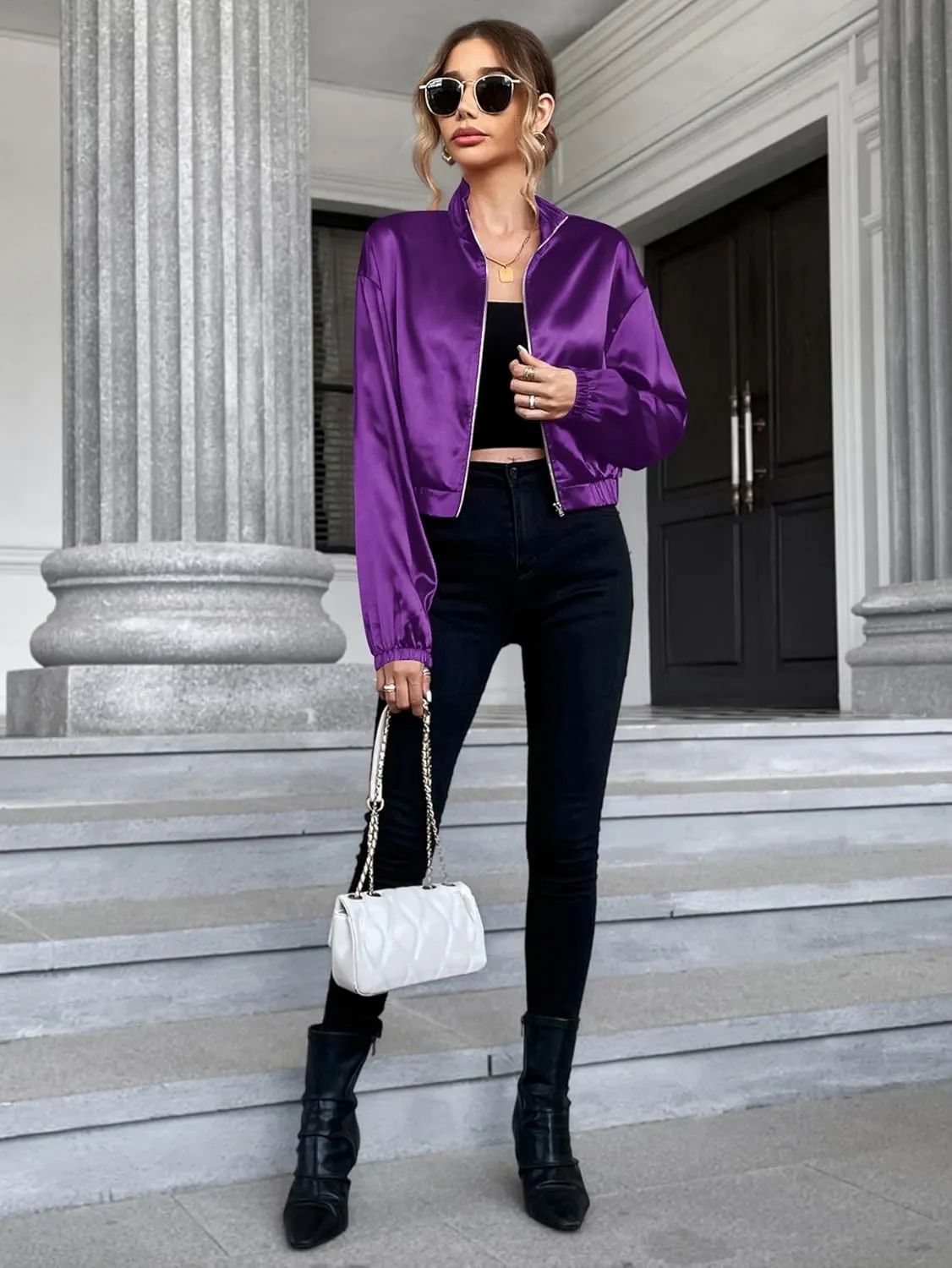 Verdusa Women's Bomber Satin Lightweight Jacket Drop Shoulder Long Sleeve Zip Up Outerwear
