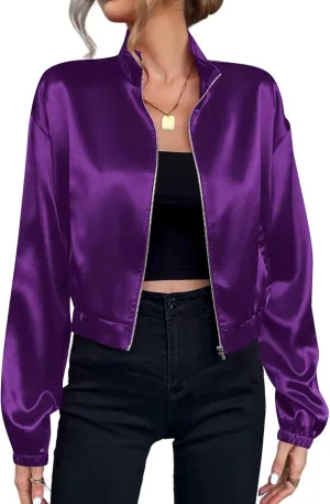 Verdusa Women's Bomber Satin Lightweight Jacket Drop Shoulder Long Sleeve Zip Up Outerwear