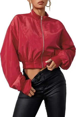 Verdusa Women's Cropped Bomber Lightweight Jacket Long Sleeve Zip Up Outerwear