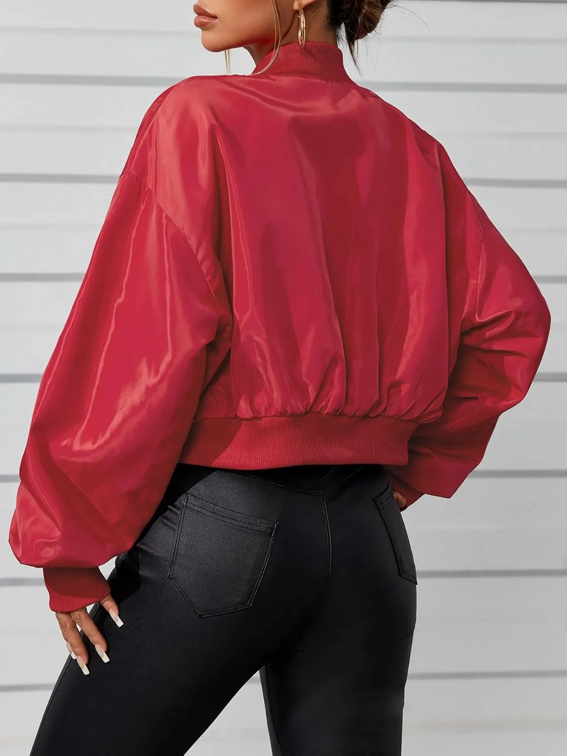 Verdusa Women's Cropped Bomber Lightweight Jacket Long Sleeve Zip Up Outerwear
