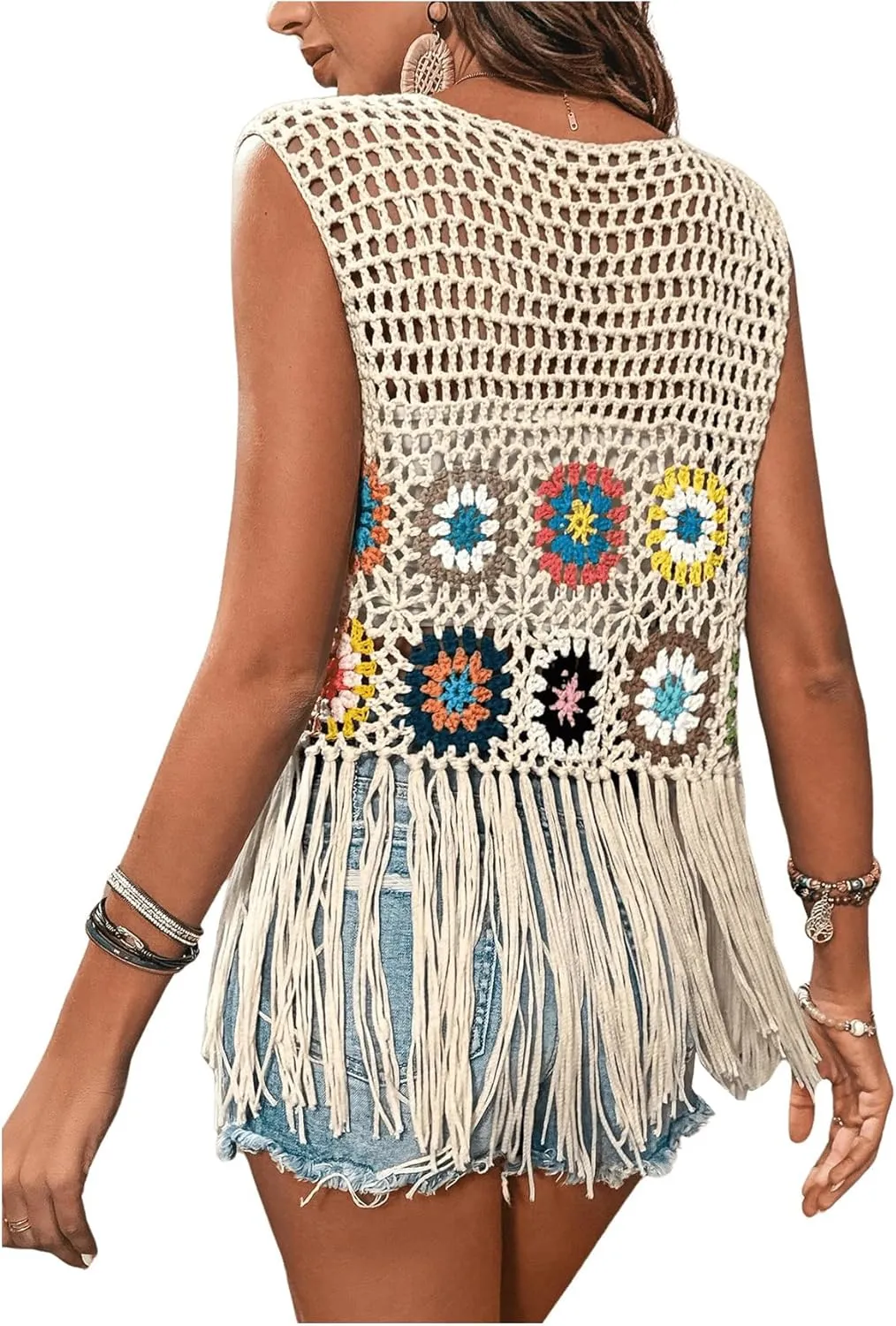 Verdusa Women's Floral Crochet Hollow Out Sleeveless Fringe Cardigan Vest