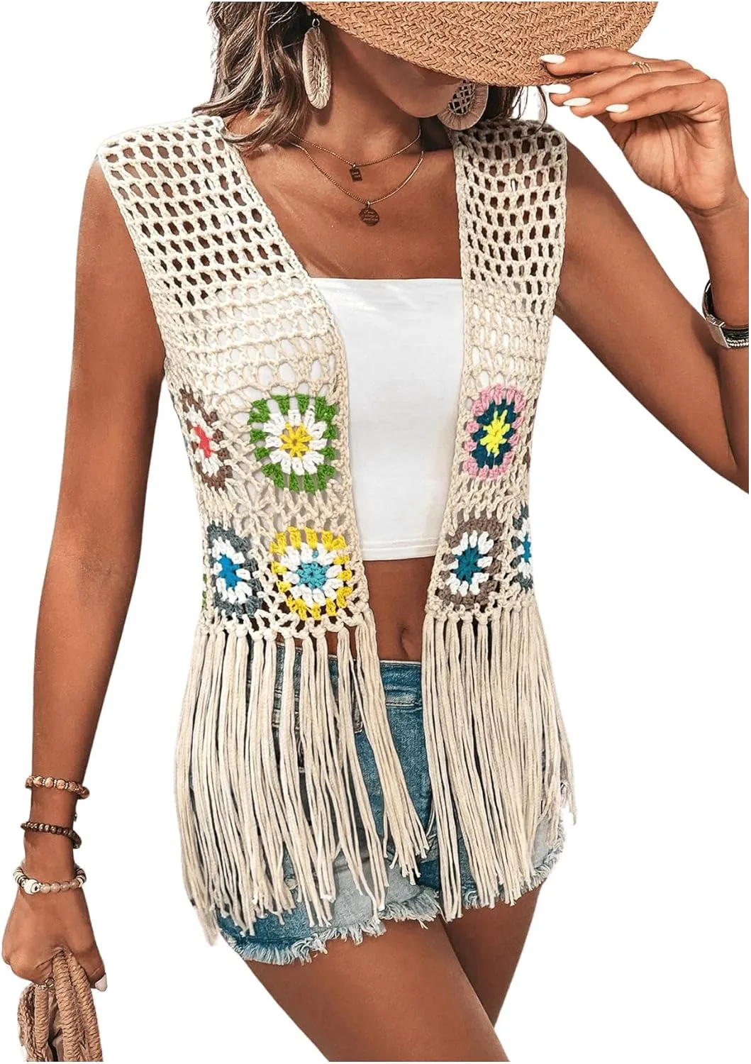 Verdusa Women's Floral Crochet Hollow Out Sleeveless Fringe Cardigan Vest