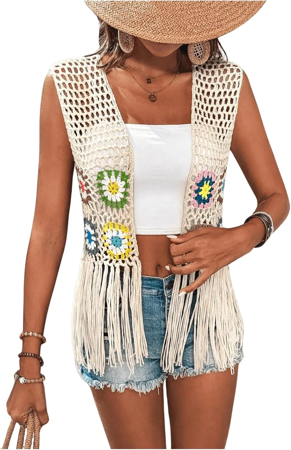 Verdusa Women's Floral Crochet Hollow Out Sleeveless Fringe Cardigan Vest