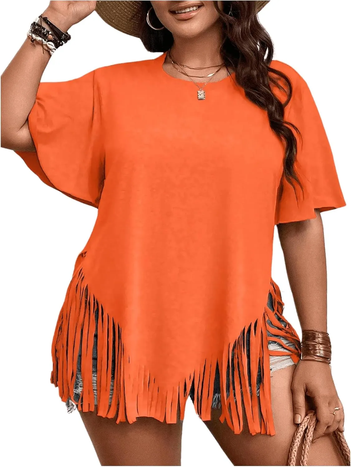 Verdusa Women's Plus Size Fringe Trim Half Sleeve Round Neck Tee Top Long T Shirt