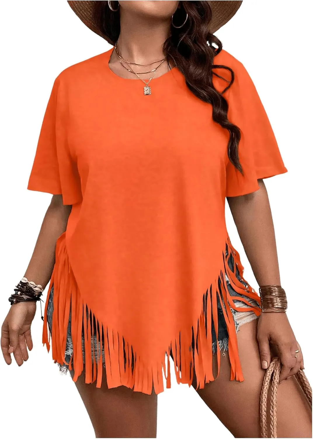 Verdusa Women's Plus Size Fringe Trim Half Sleeve Round Neck Tee Top Long T Shirt
