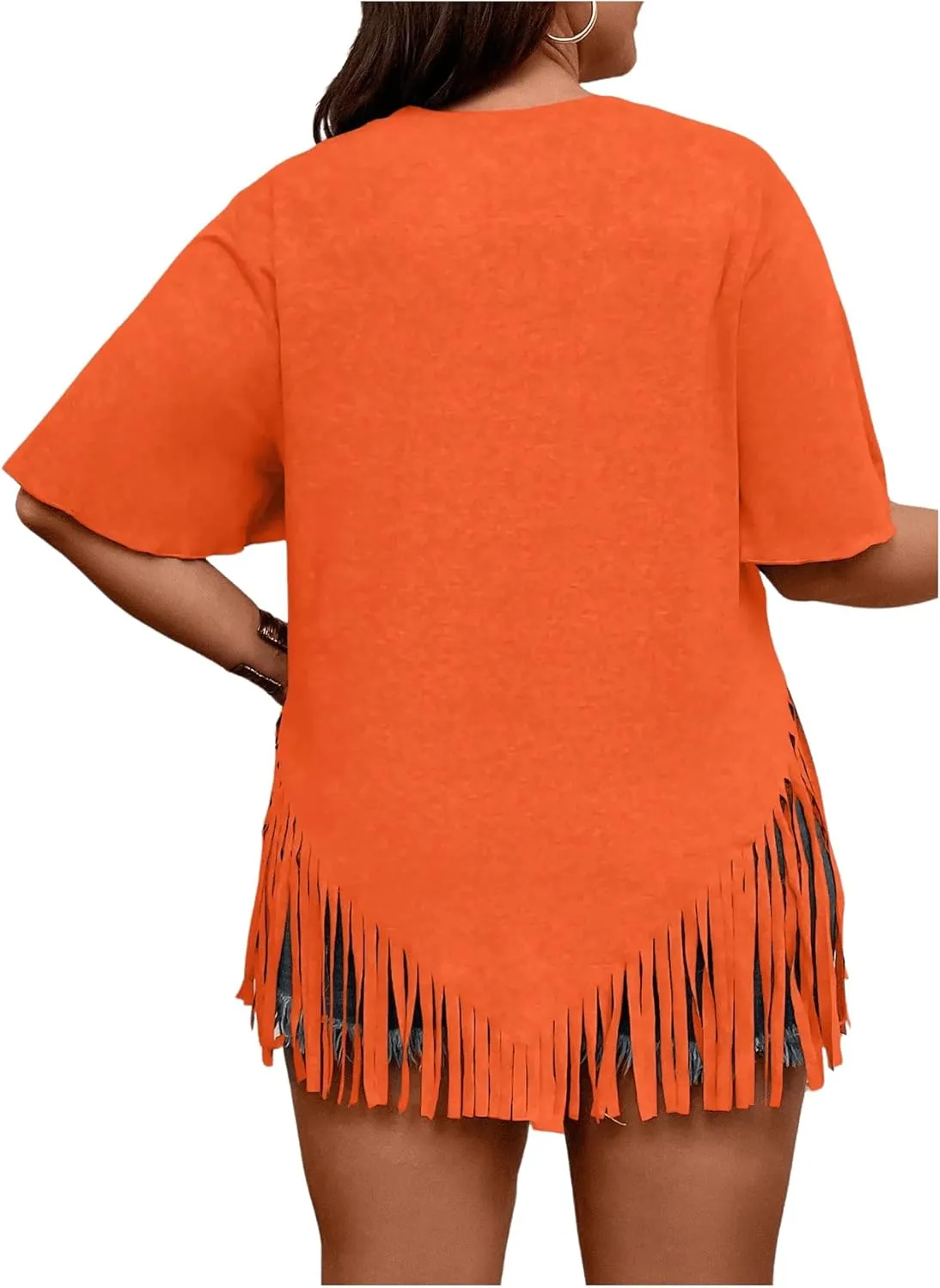 Verdusa Women's Plus Size Fringe Trim Half Sleeve Round Neck Tee Top Long T Shirt