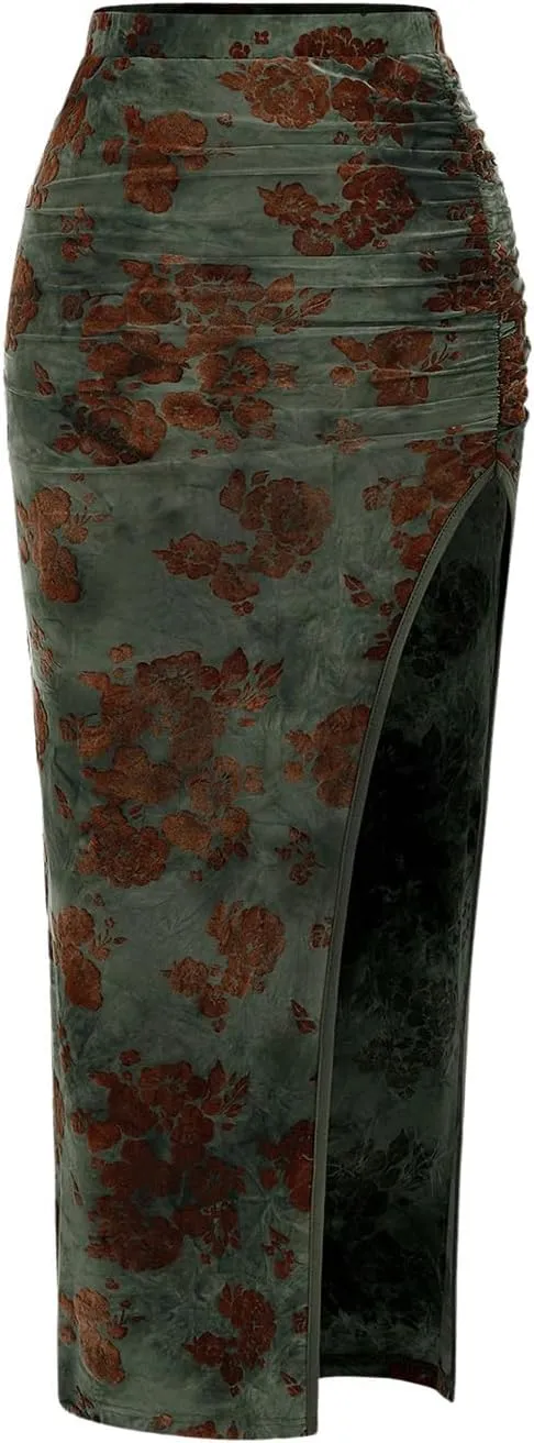 Verdusa Women's Ruched Side Split High Waist Bodycon Long Pencil Skirt