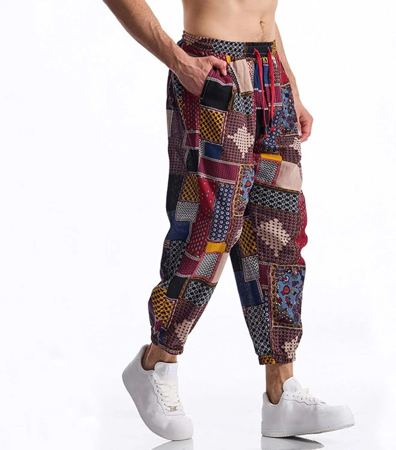 Vintage Ethnic Print Linen Harem Pants for Men Drawstring Casual Streetwear Hippie Yoga Pants with Pockets