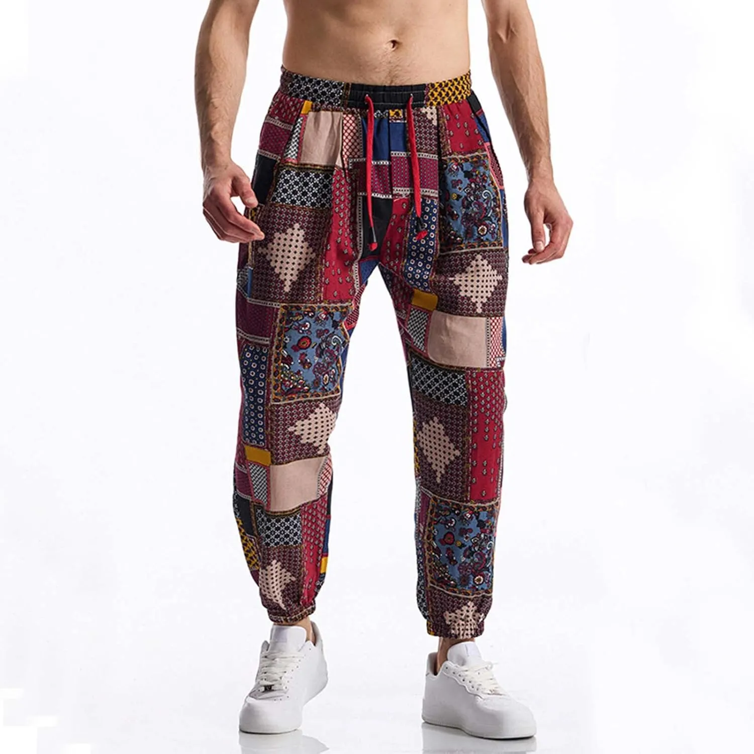 Vintage Ethnic Print Linen Harem Pants for Men Drawstring Casual Streetwear Hippie Yoga Pants with Pockets