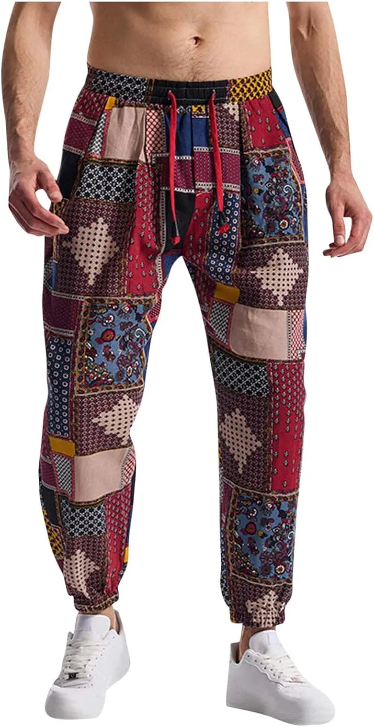 Vintage Ethnic Print Linen Harem Pants for Men Drawstring Casual Streetwear Hippie Yoga Pants with Pockets
