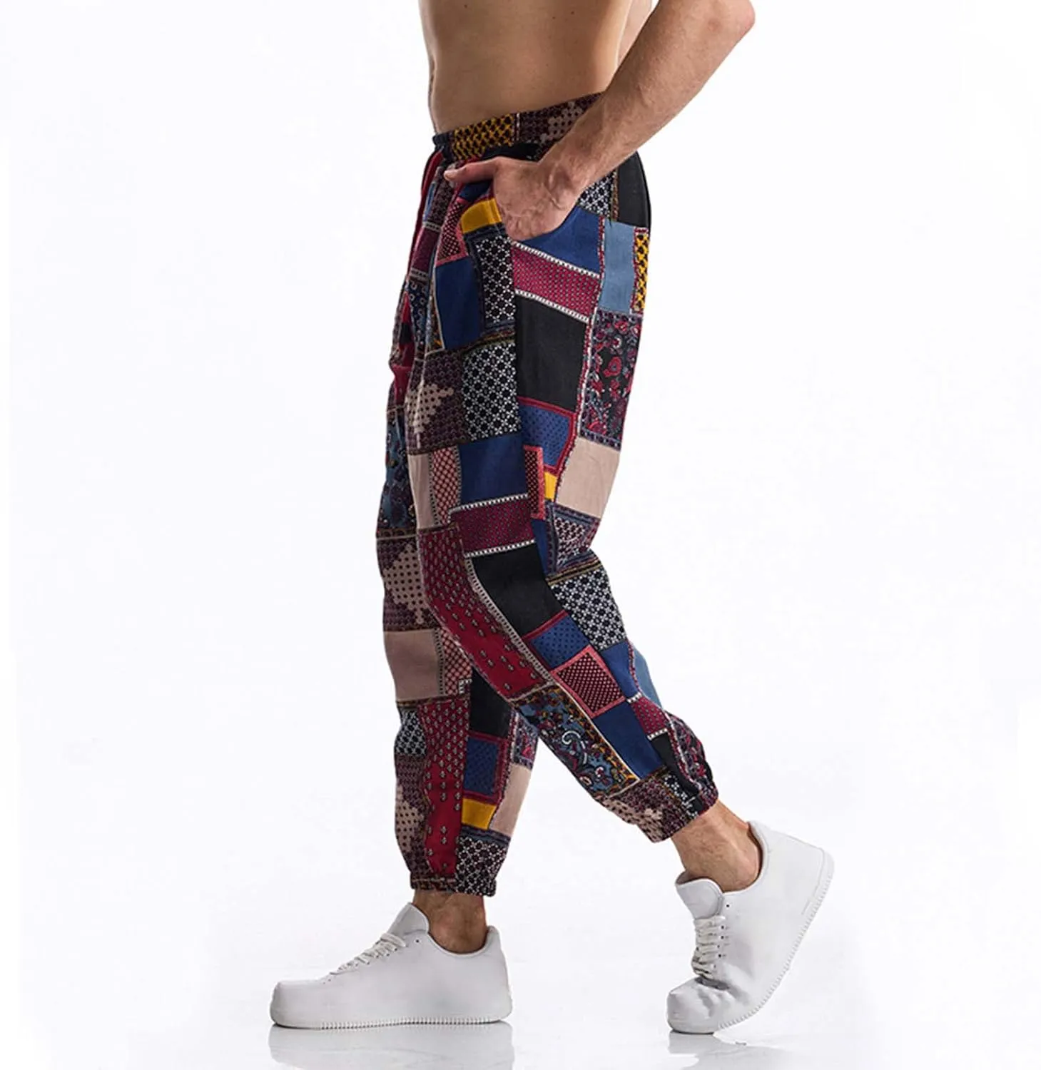 Vintage Ethnic Print Linen Harem Pants for Men Drawstring Casual Streetwear Hippie Yoga Pants with Pockets