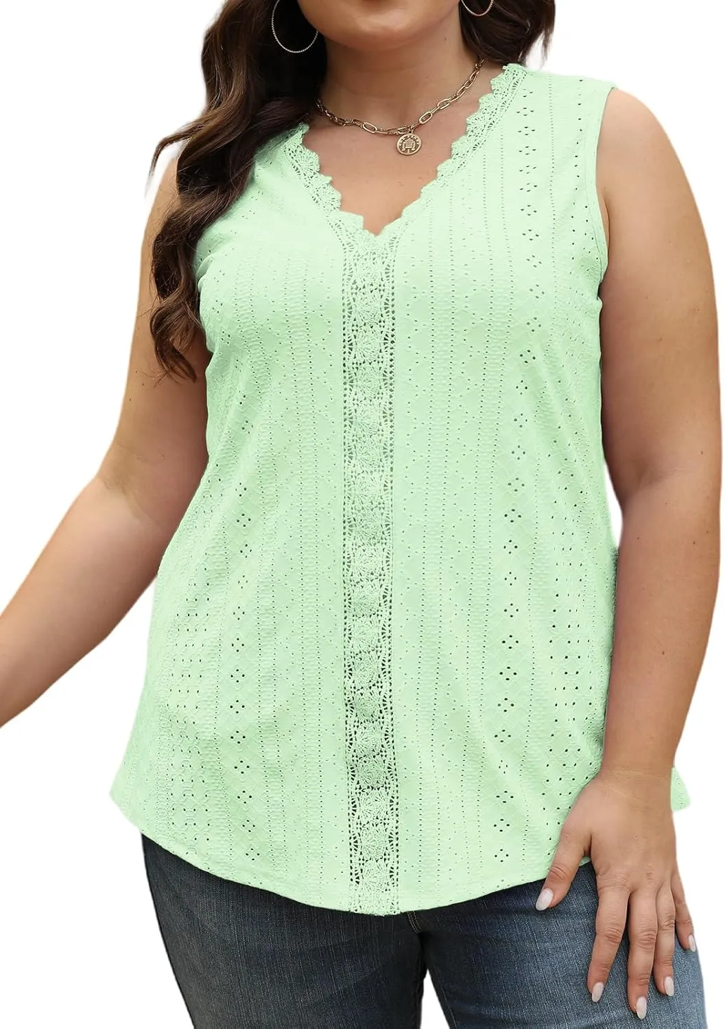 VISLILY Womens-Plus-Size-Summer-Tank-Tops 2025 Cute Lace V Neck T Shirts Casual Sleeveless Blouses Trendy Eyelet Tunics Tee