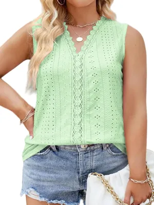 VISLILY Womens-Plus-Size-Summer-Tank-Tops 2025 Cute Lace V Neck T Shirts Casual Sleeveless Blouses Trendy Eyelet Tunics Tee
