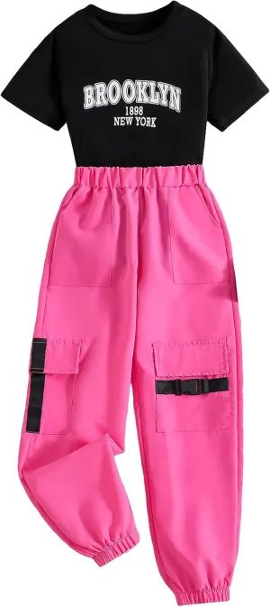 WDIRARA Girl's 2 Piece Outfit Letter Print Short Sleeve Tee and Pocket Cargo Pants Set