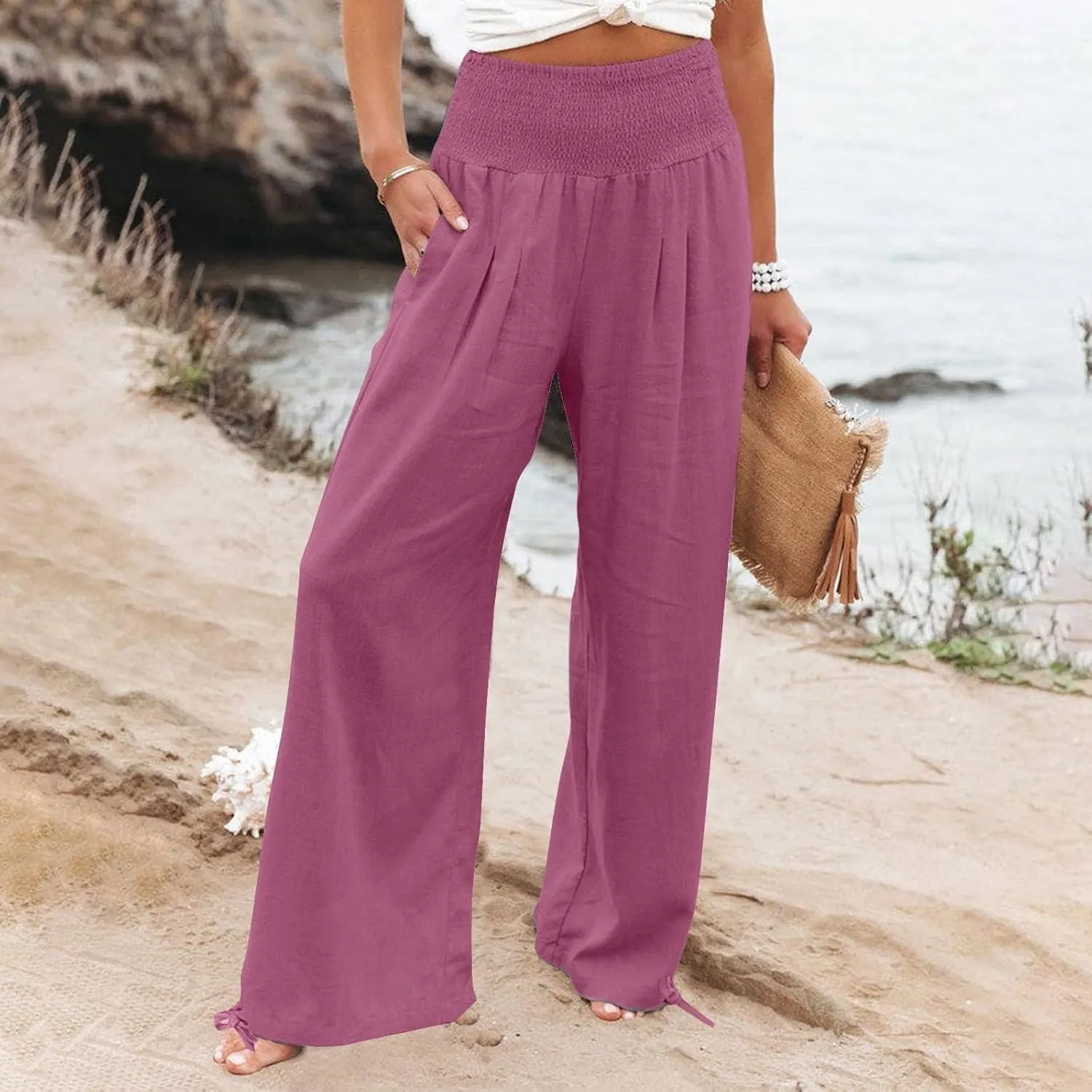 Wide Leg Linen Pants for Women 2025 Summer Loose Wide Leg Palazzo Pants Spring High Waist Flowy Beach Trousers Outfits
