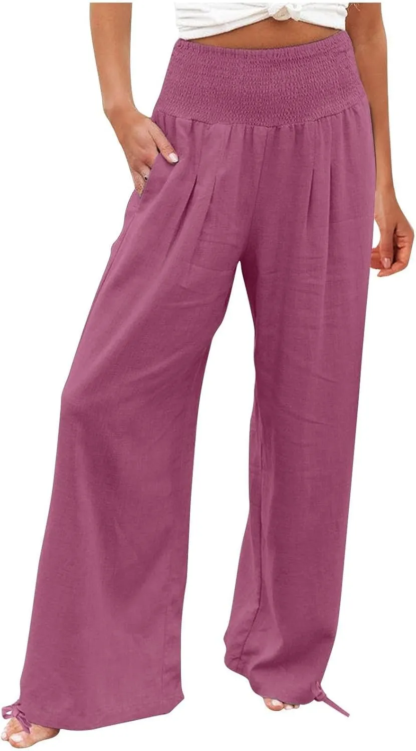 Wide Leg Linen Pants for Women 2025 Summer Loose Wide Leg Palazzo Pants Spring High Waist Flowy Beach Trousers Outfits