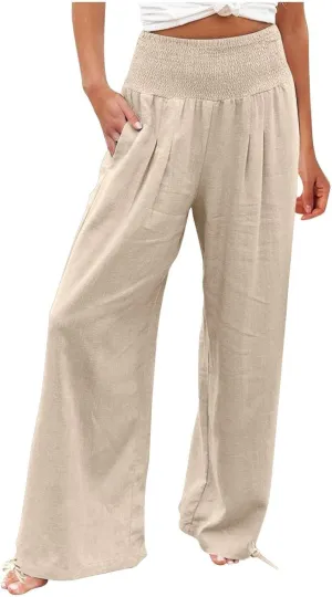 Wide Leg Linen Pants for Women 2025 Summer Loose Wide Leg Palazzo Pants Spring High Waist Flowy Beach Trousers Outfits