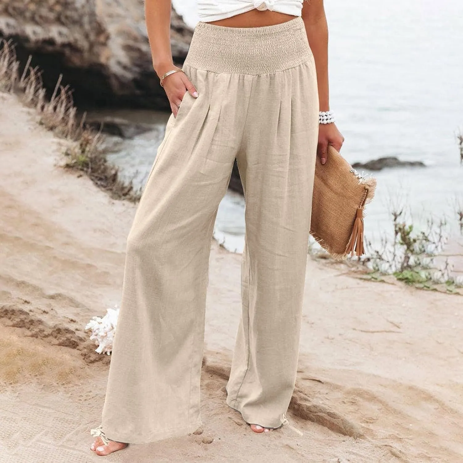Wide Leg Linen Pants for Women 2025 Summer Loose Wide Leg Palazzo Pants Spring High Waist Flowy Beach Trousers Outfits