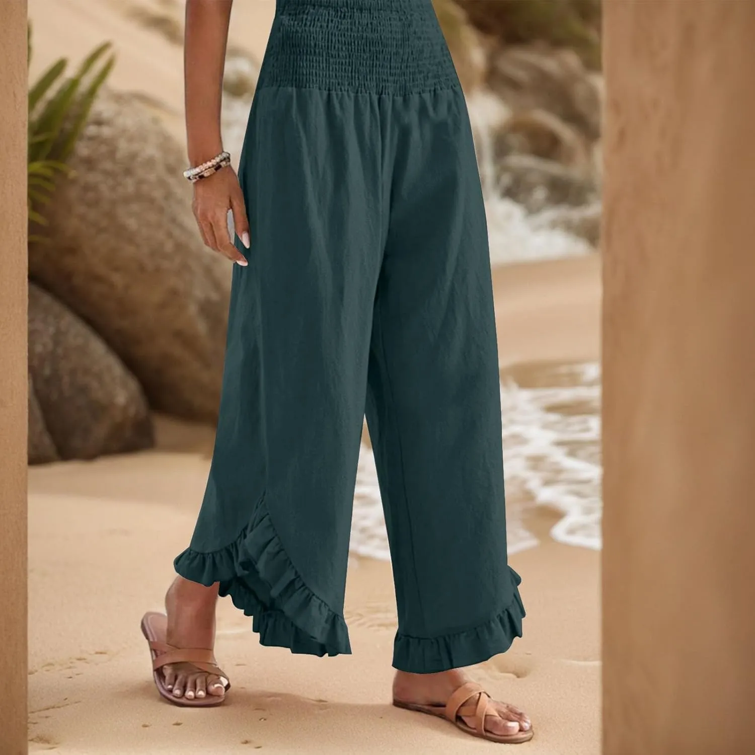 Wide Leg Linen Pants for Women Smocked Waist Ruffle Hem Summer Palazzo Casual Boho Flowy Beach Trouser with Pockets