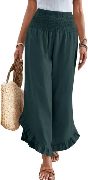 Wide Leg Linen Pants for Women Smocked Waist Ruffle Hem Summer Palazzo Casual Boho Flowy Beach Trouser with Pockets