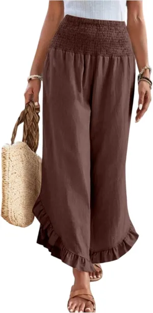 Wide Leg Linen Pants for Women Smocked Waist Ruffle Hem Summer Palazzo Casual Boho Flowy Beach Trouser with Pockets